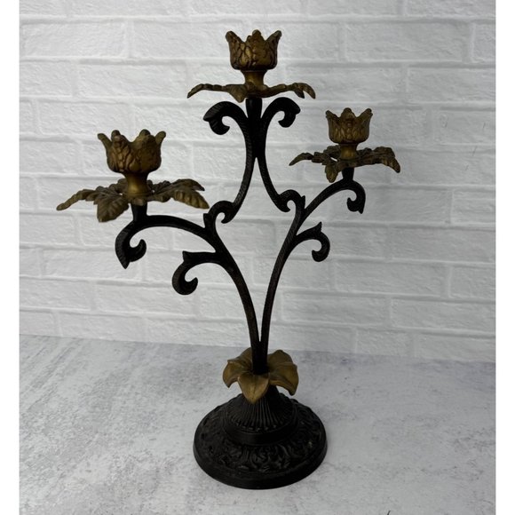 Vintage Ornate Wrought Iron and Brass 3 Arm Candelabra Candle Holder 12" tall - Picture 5 of 9